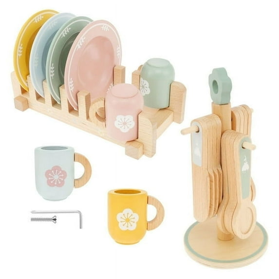 Kid Wooden Dinnerware Toy Set Safe Wood Kids Kitchen Playset Funny Kitchen Toy Children Kitchen Cutlery and Plate Toy Set Wood Plate and Dish Playset for 3+ Years Old