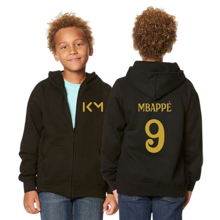Kid/Youth Mbappe #9 Essential Zip-Up Hoodie – 80/20 Fleece with Kangaroo Pocket-With Front and Back Design - Black/Gold - Youth X-Small