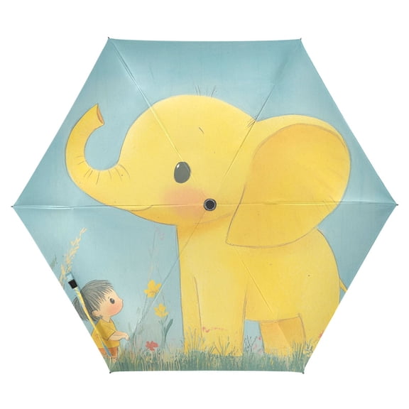 Kid and Elephant Folding Umbrella UV50+ Waterproof Sun Protection Auto Open Close Compact Fiberglass Frame