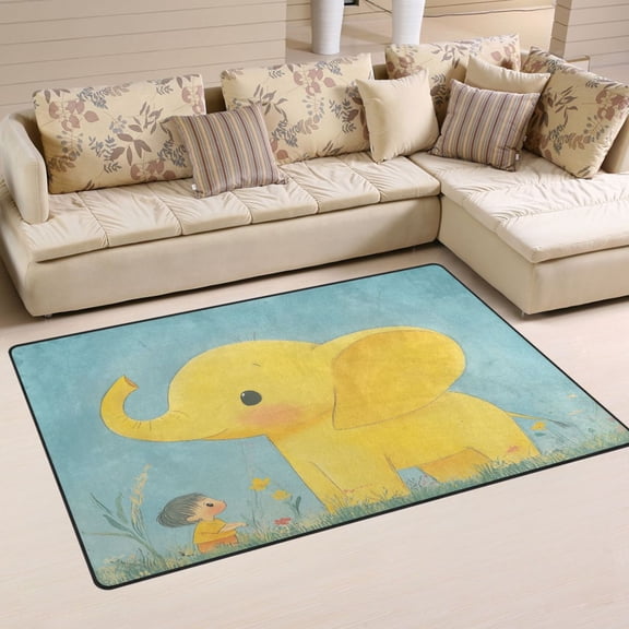 Kid and Elephant Soft Polyester Area Rug 31''x20'', Non Slip, Memory Foam, Water Absorbent