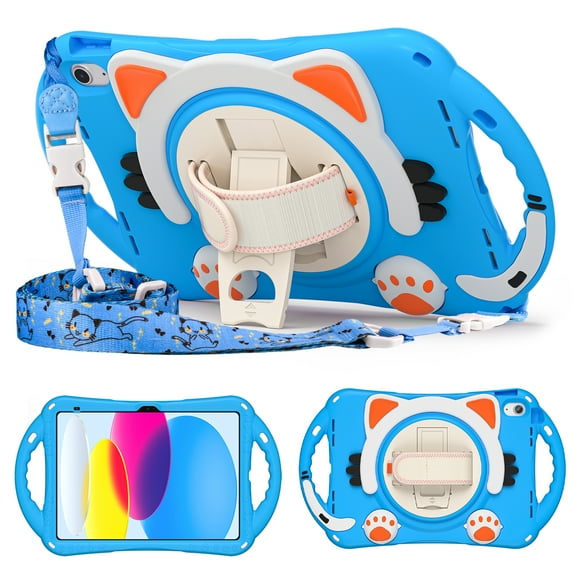 Kid-friendly Case for iPad (A16) 11th Generation 2025, Rugged Silicone + PC Kickstand Hand/ Shoulder Strap Durable Protective Heavy Duty Protection Tablet Case for iPad 10th Gen 10.9" 2022 -Light Blue