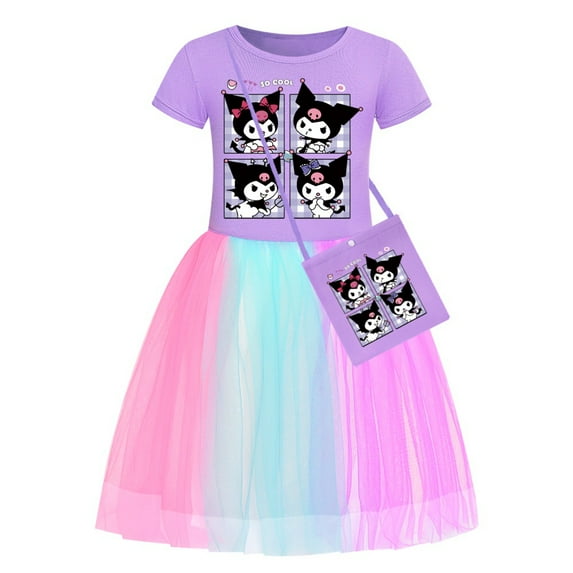 Kid girls Kuromi short sleeve dresses summer crewneck princess dress lightweight tulle dress with bag