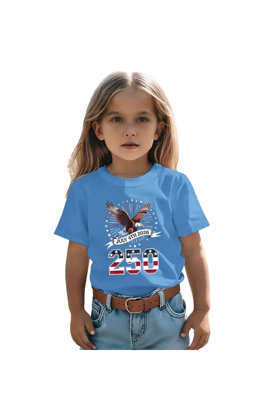 Kid's 250th Anniversary Print Shirt Bald Eagle and USA Flag Patriotic Tshirt for Girls Boys 4th of July Memorial Day 1-13 Years