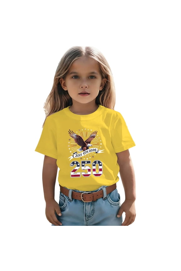 Kid's 250th Anniversary Print Shirt Bald Eagle and USA Flag Patriotic Tshirt for Girls Boys 4th of July Memorial Day 1-13 Years