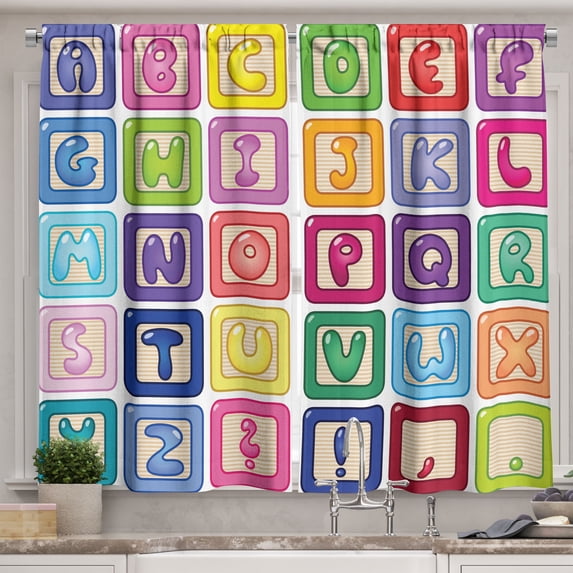 Ambesonne Cartoon Activity Kitchen Curtains, English Alphabet, 55"x39", Multicolor