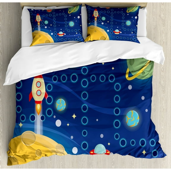 Kid's Activity Duvet Cover Set Queen Size, Colorful Space Themed Activity Board Interplanetary Travel Racing in Cosmos, Decorative 3 Piece Bedding Set with 2 Pillow Shams, Multicolor, by Ambesonne