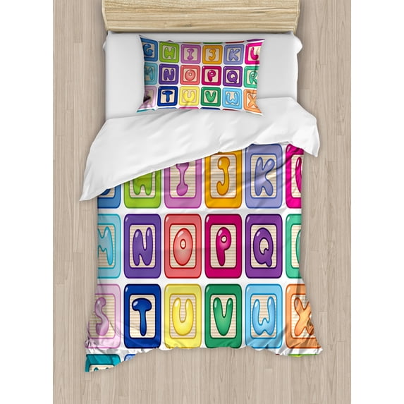 Kid's Activity Duvet Cover Set Twin Size, Colorful English Alphabet Blocks Childrens Cartoon Balloon Letter Design, Decorative 2 Piece Bedding Set with 1 Pillow Sham, Multicolor, by Ambesonne