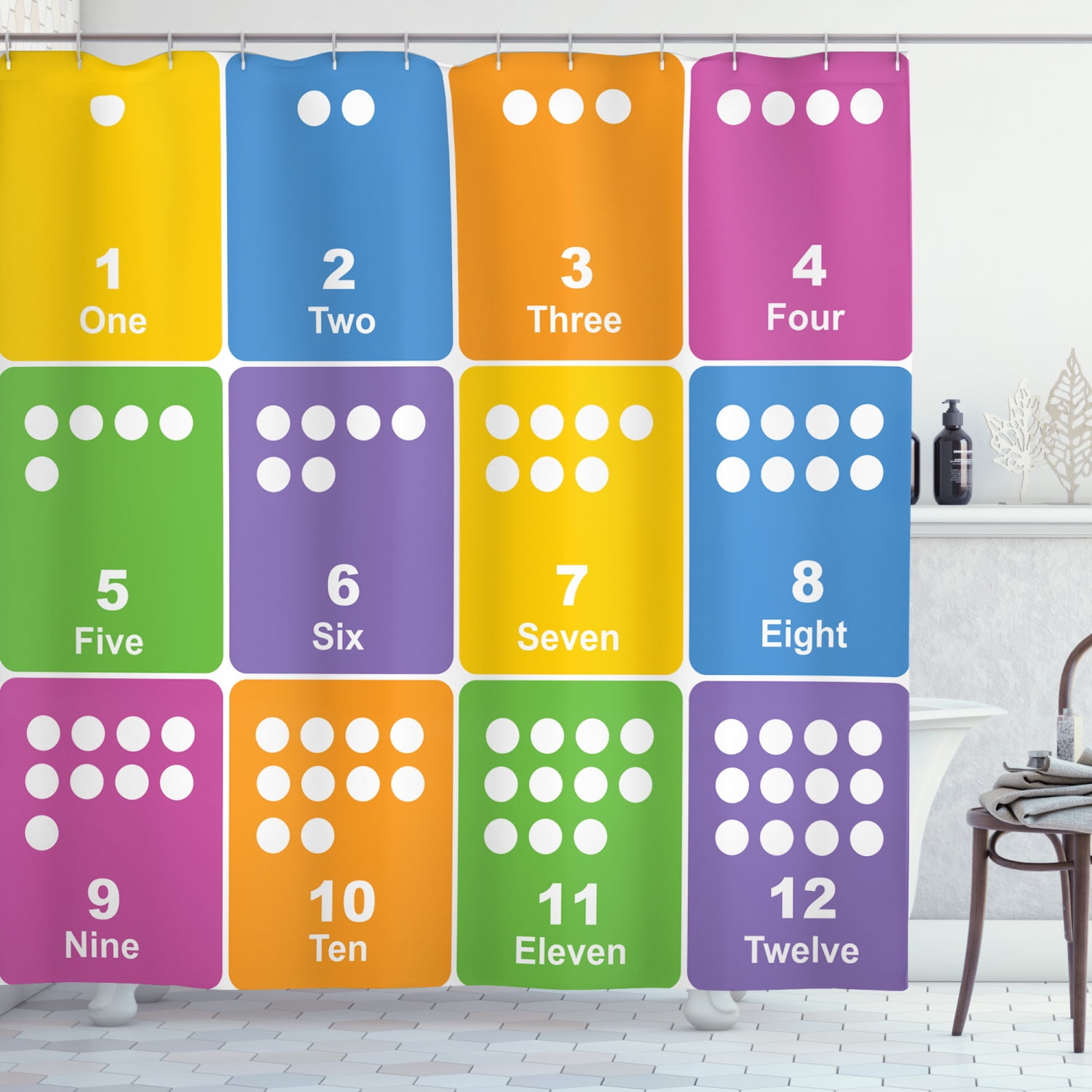 Kid's Activity Shower Curtain, Learning the Numbers Themed Educational Design Colorful Preschool