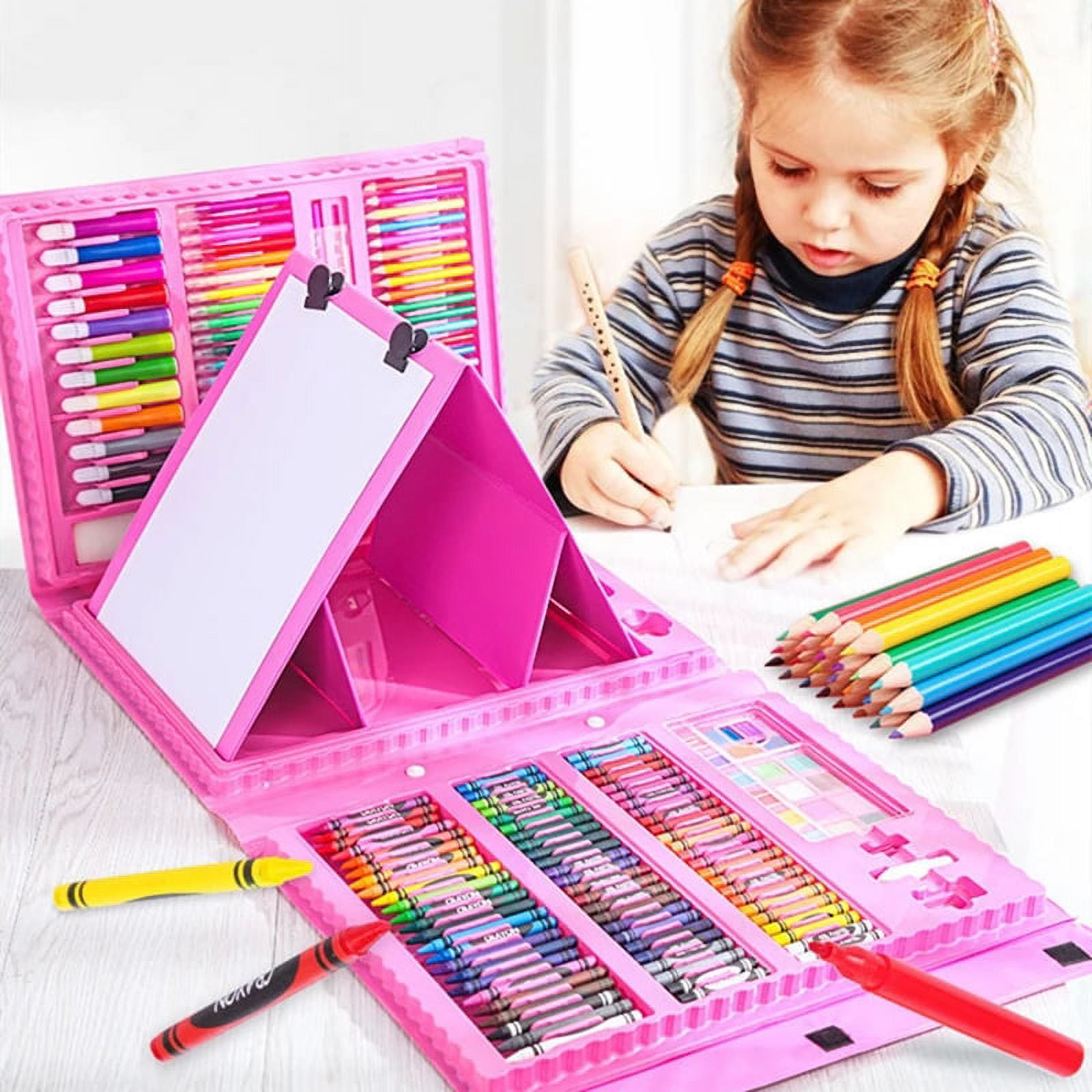 H & B 208-Piece Drawing kit for Kids, Deluxe Artist Set,Double Sided  Trifold Easel Art Set with Oil Pastels, Crayons, Colored Pencils, Markers,  Great Gift for Kids 3-12, Girls, Boys, Beginners, Pink 