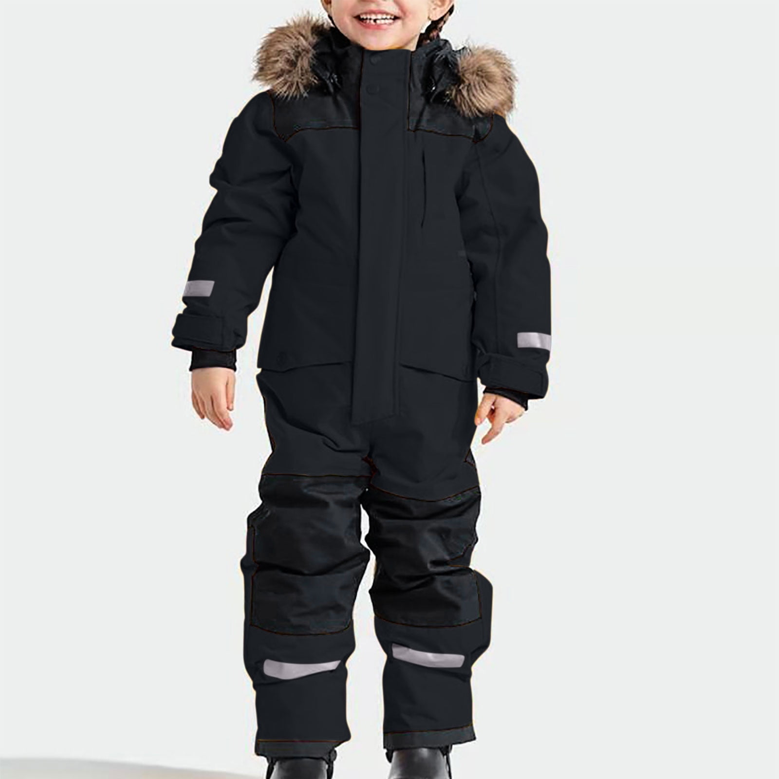 Kid's Baby Boy And Girl's One Piece Snowsuit Hooded Artificial Fur Ski ...