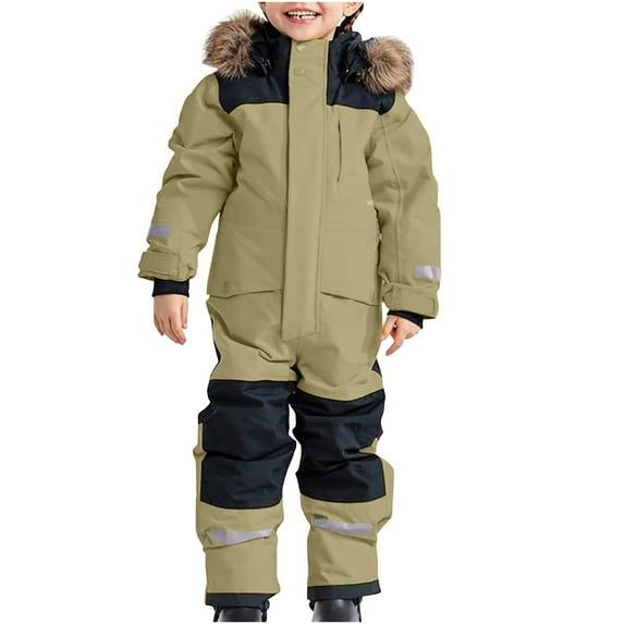 Egzmbll Kid's Baby Boy and Girl's One Piece Snowsuit Hooded Artificial Fur Ski Jumpsuit Waterproof Ski Suits Jackets Winter Warm Snowboard Coats for 4-5Year