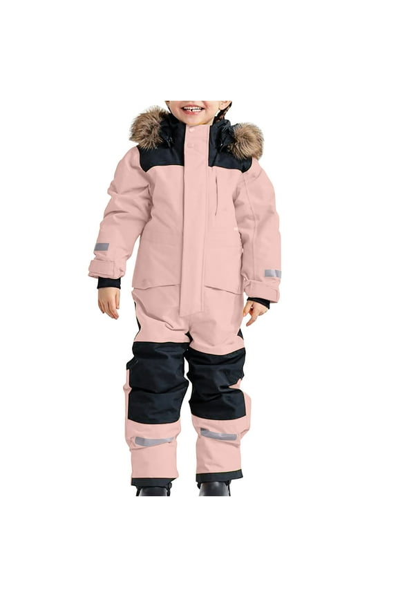Kid's Baby Boy and Girl's One Piece Snowsuit Hooded Artificial Fur Ski Jumpsuit Waterproof Ski Suits Jackets Winter Warm Snowboard Coats for 8-9Year