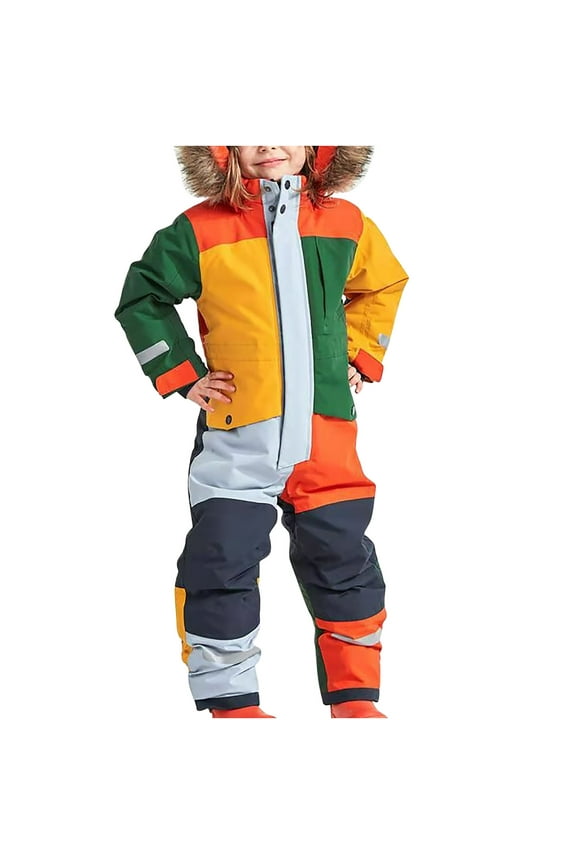 Kid's Baby Boy and Girl's One Piece Snowsuit Hooded Artificial Fur Ski Jumpsuit Waterproof Ski Suits Jackets Winter Warm Snowboard Coats for 8-9Year