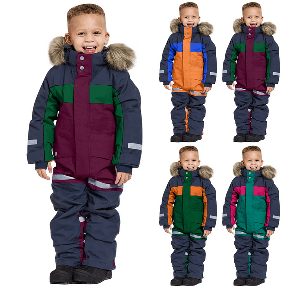Kid's Snowsuit Jumpsuit Waterproof Windproof Fleece Lined Jackets One Piece Ski Suit Winter Thermal Outdoor Overalls for Boys Girls 1-14 Years