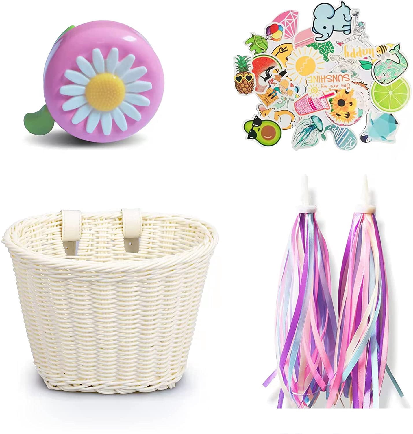 Kid's Bicycle Basket Colored Tassels Wicker Front Handlebar Bike Basket with Streamers Bell and Stickers Bicycle Decoration for Girls and Boys