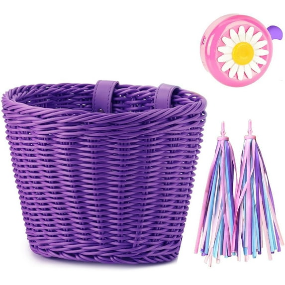 Kid's Bicycle Basket Streamers Set, Children's Bike Handlebar Wicker Basket Bike Streamers Bell and Stickers,Bicycle Decoration Accessories for Toddler Children Kids Girl
