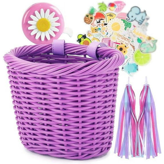 Kid's Bike Basket for Girls Front Bike Accessories Small Woven Wicker Cruiser Bicycle Basket with Handlebar Streamers Bell Boys16 Bike Girls Cycling Ages 3-13