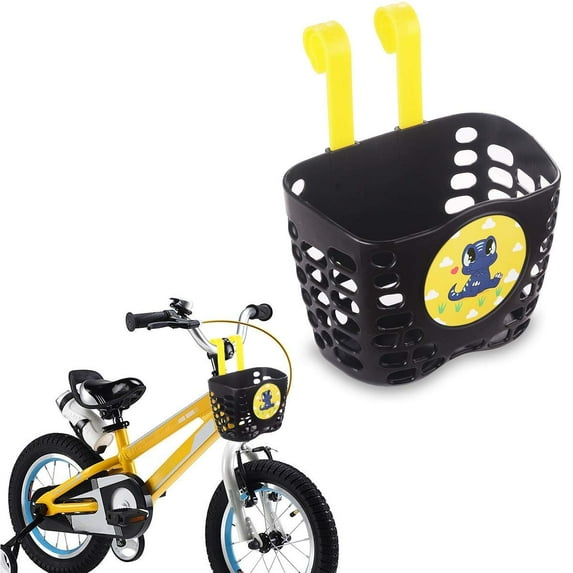 Kid's Bike Basket, MINI-FACTORY Cute Dinosaur Pattern Bicycle Handlebar Basket for Boys - Black basket + Cute Blue Dino