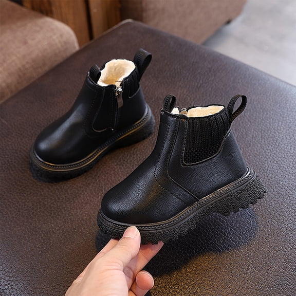 Kid's Boots, Girls Ankle Boots Kids Chelsea Booties Side Zipper Comfortable Slip On Lug Sole Low Heel Fall Boot Fur Lined Warm Winter Shoes for Toddler Little Kid, Black US-5C/EU-21