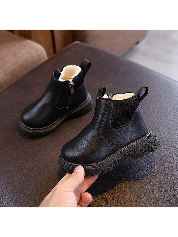 Kid's Boots, Girls Ankle Boots Kids Chelsea Booties Side Zipper Comfortable Slip On Lug Sole Low Heel Fall Boot Fur Lined Warm Winter Shoes for Toddler Little Kid, Black US-5C/EU-21