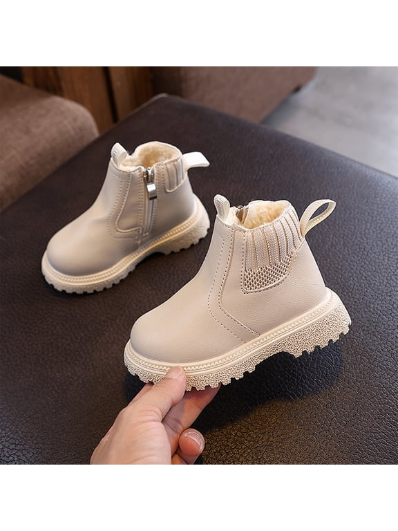 Kid's Boots, Girls Ankle Boots Kids Chelsea Booties Side Zipper Comfortable Slip On Lug Sole Low Heel Fall Boot Fur Lined Warm Winter Shoes for Toddler Little Kid, White US-5C/EU-21