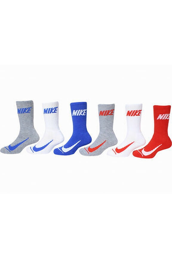 Kid's Boy's Crew Socks Gray Red 6 Pair Logo Swoosh $21 4-5