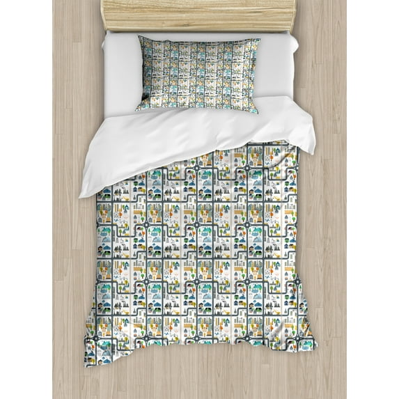 Kid's Car Race Track Roadway Activity Twin Size Duvet Cover Set, Graphic Illustration of Cityscape Divided by Roads, Decorative 2 Piece Bedding Set with 1 Pillow Sham, Multicolor, by Ambesonne