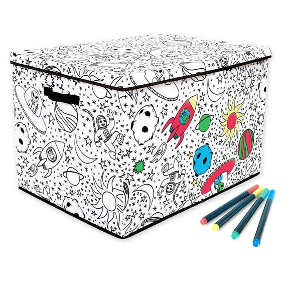 Baum 21A350SE Kids Coloring Lidded Trunk Storage Bin with Removable Divider & Includes Washable Markers, Space Print - Large - Pack of 4