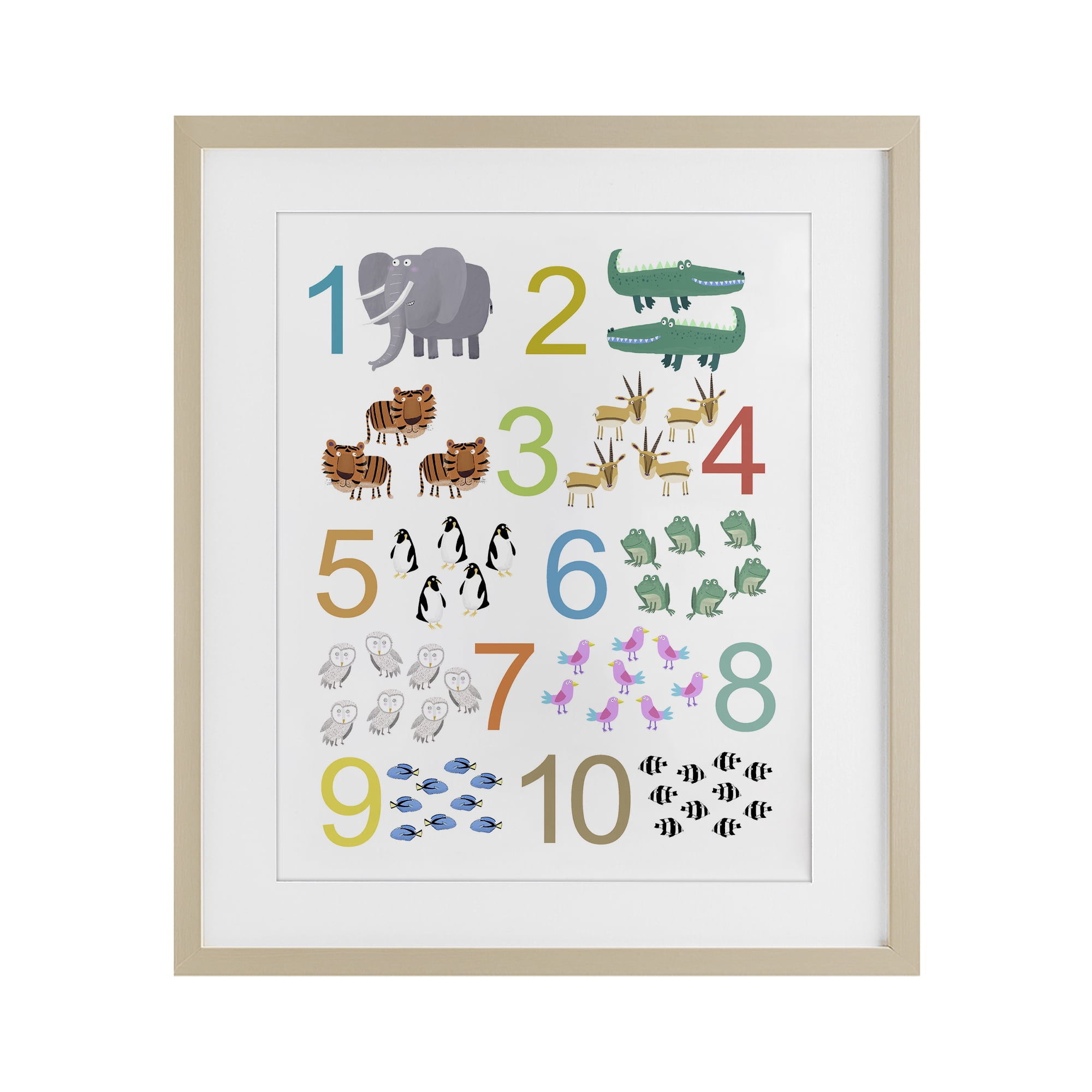 Kid's Counting Animals Birch Framed Print Under Glass, design by Carla Daly