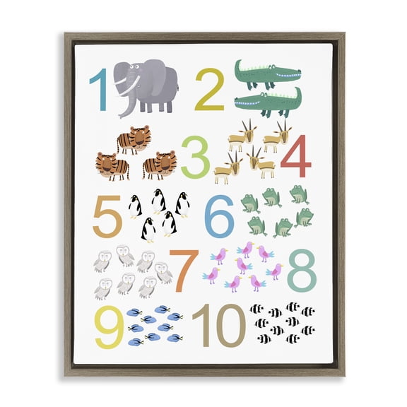 Kid's Counting Animals Brown Framed Floater Canvas Wall Art, design by Carla Daly