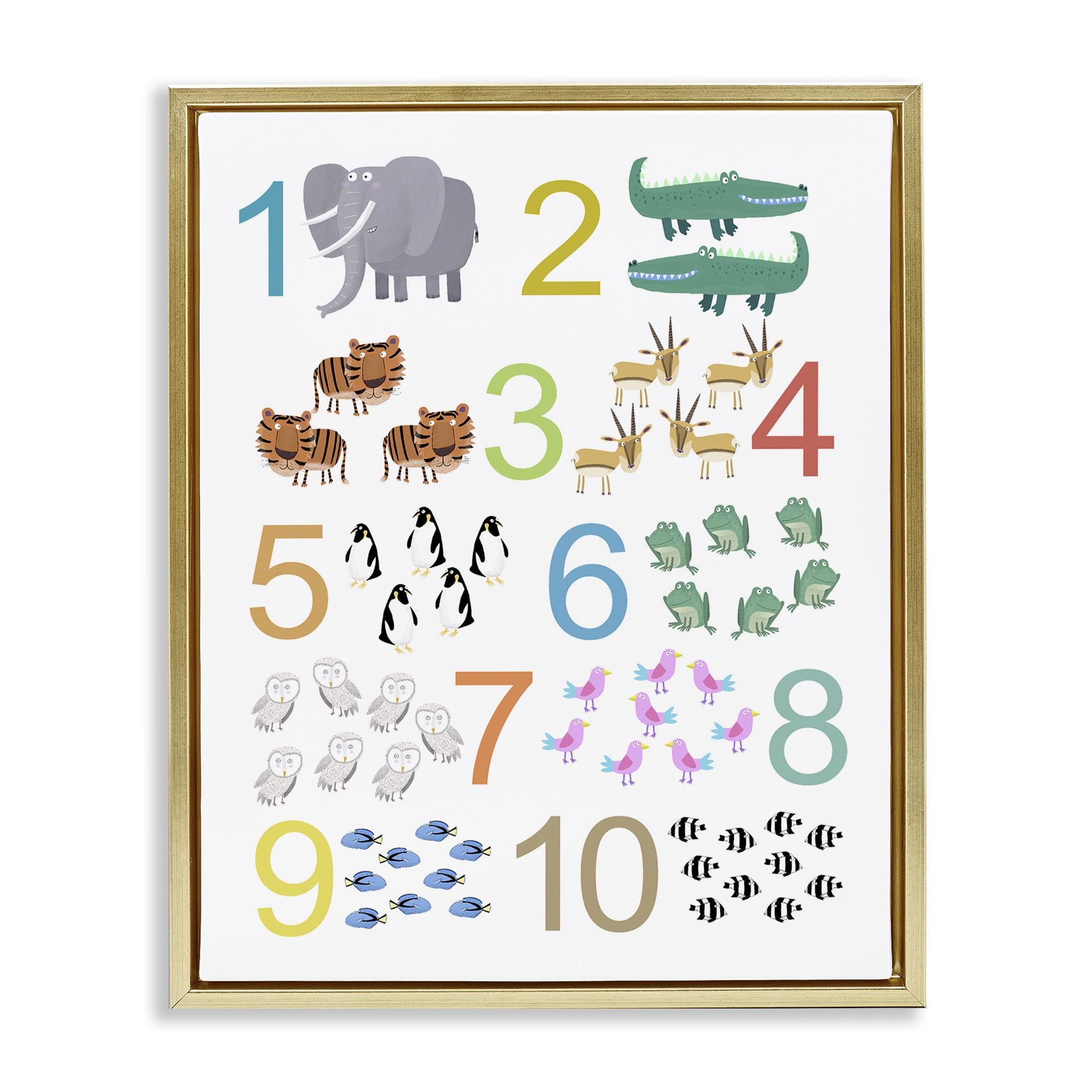 Kid's Counting Animals Gold Framed Floater Canvas Wall Art, design by Carla Daly