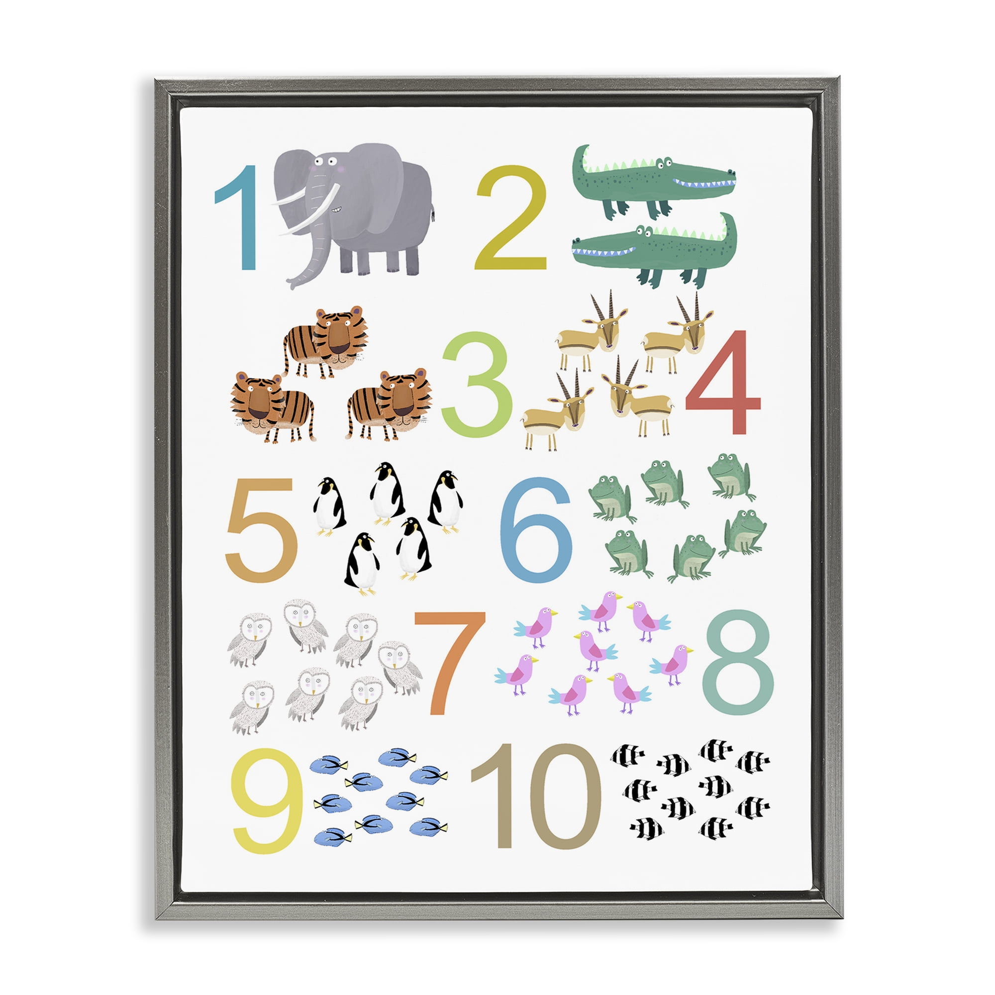 Kid's Counting Animals Gray Framed Floater Canvas Wall Art, design by Carla Daly
