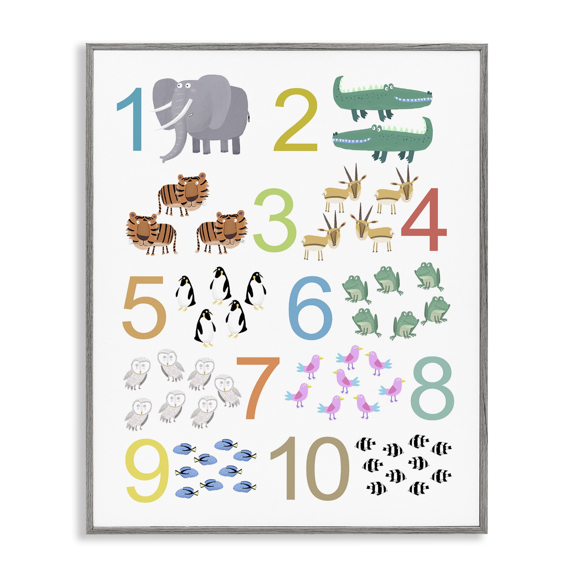 Kid's Counting Animals Gray Framed Giclee Art, design by Carla Daly