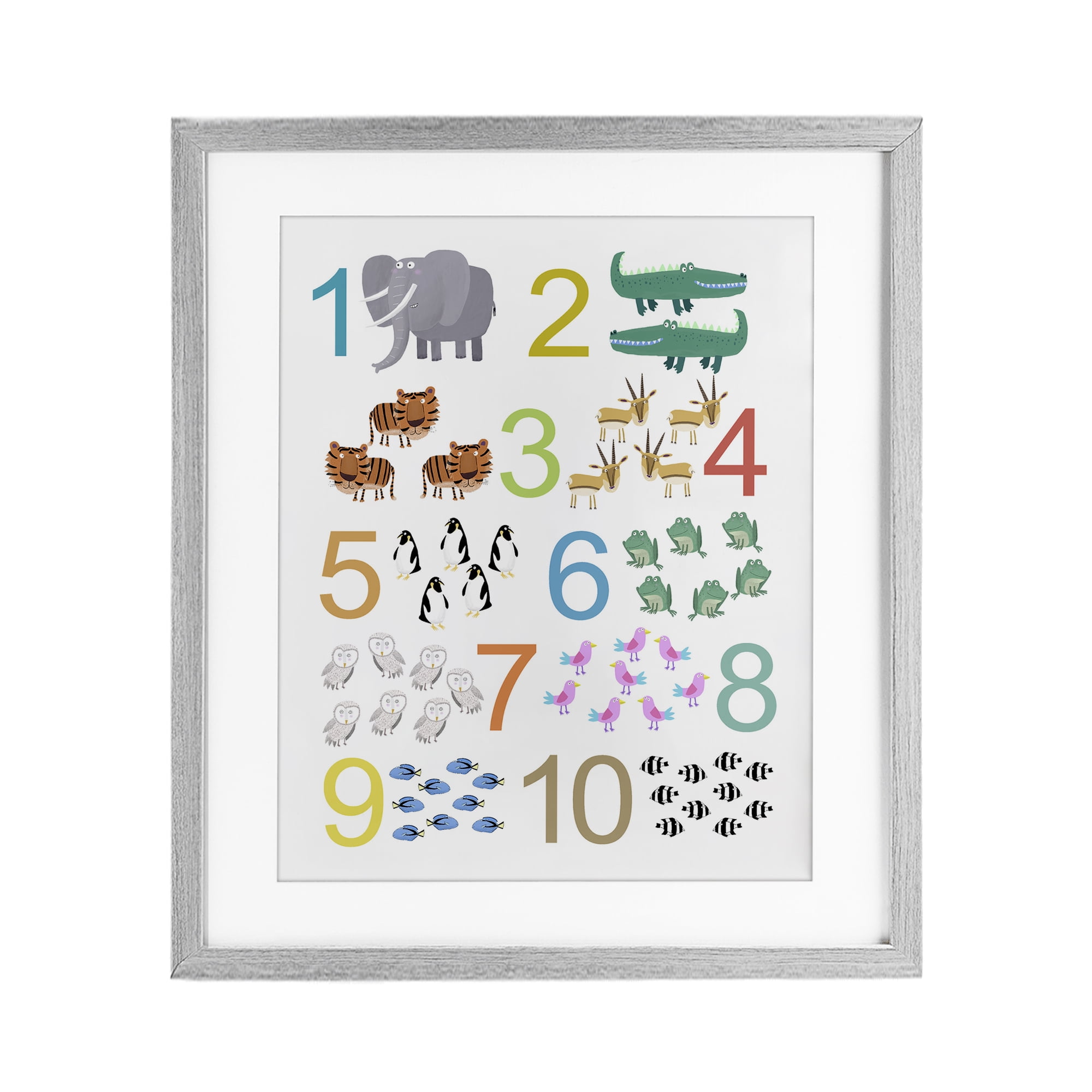 Kid's Counting Animals Gray Framed Print Under Glass, design by Carla Daly