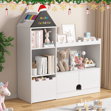 YISUFO Kids Toy Storage Cabinet – 5-Cubby Wood Organizer with Drawer & Display Shelf, Pink & White Bookcase for Bedroom, Playroom, Nursery