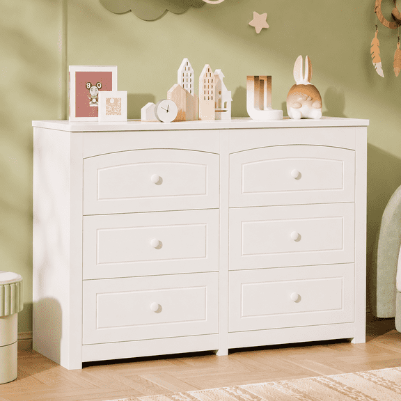Kid’s Dresser for Bedroom with 6 Drawer, Wide Chest of Drawers Storage Organizer for Living Room, Hallway, White
