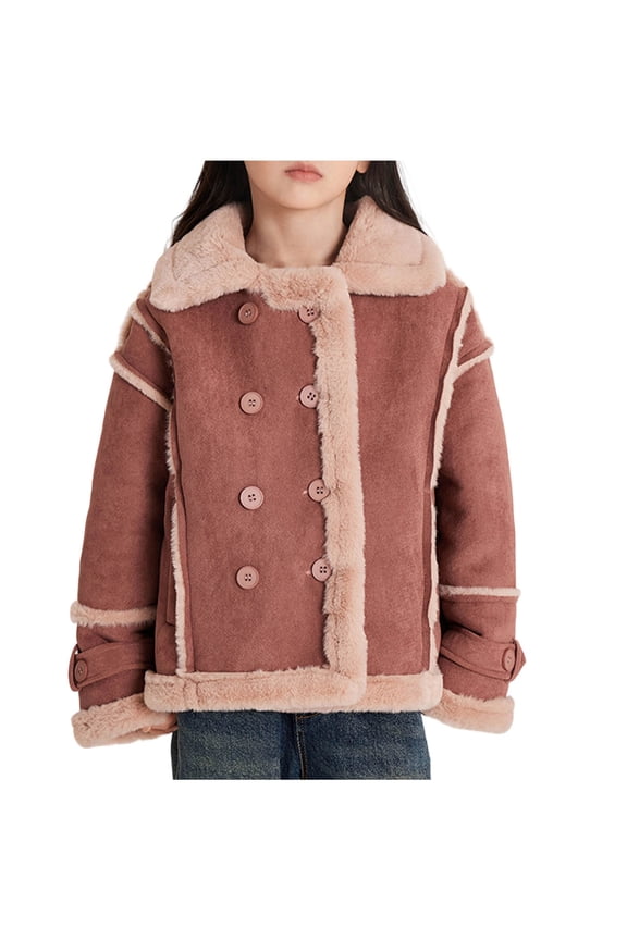 Kid's Faux Leather Jackets Lapel Double Breasted Sherpa Liner Outwear Thicken Thermal Fall Winter Cardigan With Pockets (13 Years, Brown)