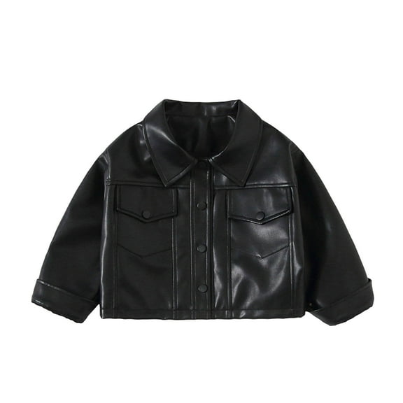Kid's Faux Leather Jackets Lapel Fornt Zip Button Biker Shackets Casual Stylish Vintage Outwear With Pockets (11 Years, Black-A)