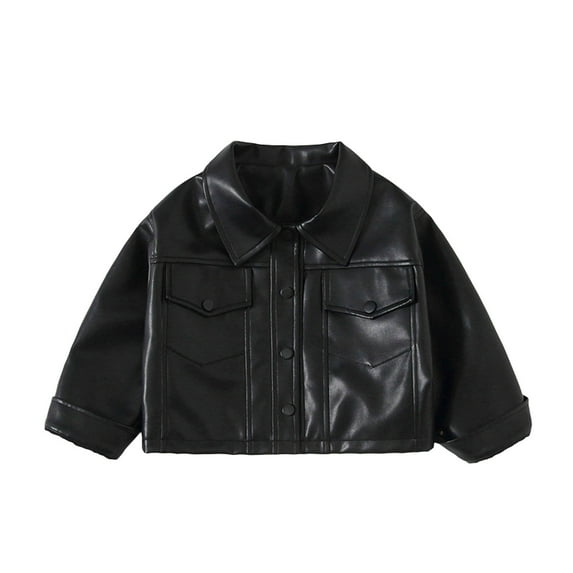 Kid's Faux Leather Jackets Lapel Fornt Zip Button Biker Shackets Casual Stylish Vintage Outwear With Pockets (2 Years, Black-A)