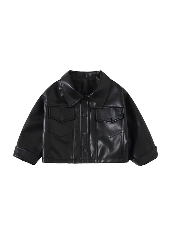 Kid's Faux Leather Jackets Lapel Fornt Zip Button Biker Shackets Casual Stylish Vintage Outwear With Pockets (9 Years, Black-A)