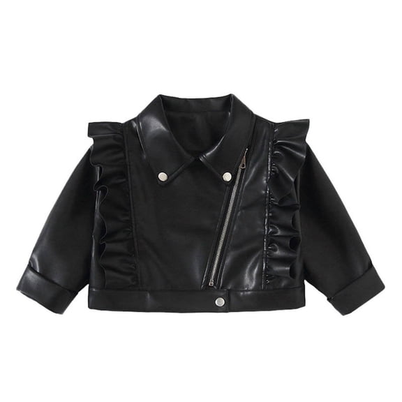 Kid's Faux Leather Jackets Lapel Fornt Zip Solid Color Biker Shackets Casual Vintage Stylish Outwear (11 Years, Black-B)