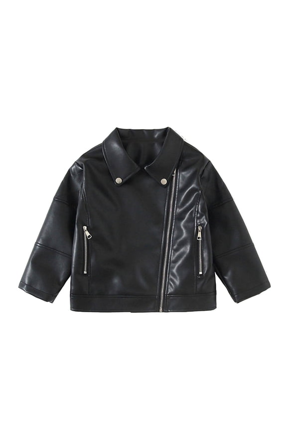Kid's Faux Leather Jackets Lapel Fornt Zip Solid Color Biker Shackets Casual Vintage Stylish Outwear (3 Years, Black-A)