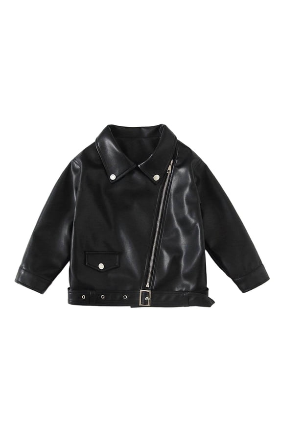 Kid's Faux Leather Jackets Lapel Fornt Zip Solid Color Biker Shackets Casual Vintage Stylish Outwear (7 Years, Black)