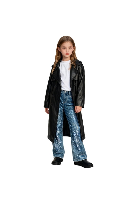 Kid's Faux Leather Trench Coat Long Sleeve Open Front Lapel Collar Long Black Fall Winter Jacket (9 Years, Black)