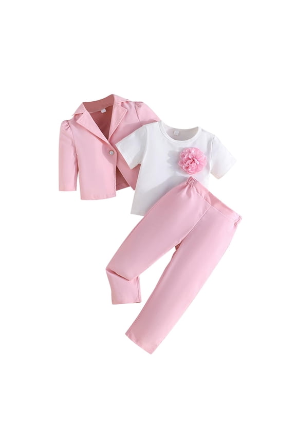 Kid's Formal Wear 3 Piece Outfits, 3D Floral Appliques Tee Shirts & Long Sleeve Blazer and Pants Suit Set