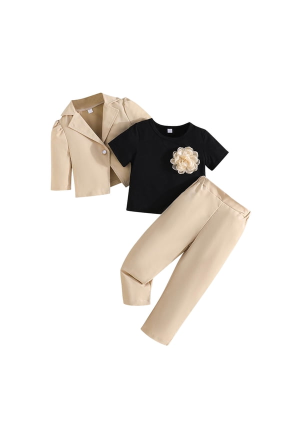 Kid's Formal Wear 3 Piece Outfits, 3D Floral Appliques Tee Shirts & Long Sleeve Blazer and Pants Suit Set