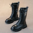 thumbnail image 1 of Kid's Girl's Fashion Side Zipper Mid Calf Combat Riding Boots Girl's Princess Shoes Half Knee High Lace Up Boots Comfortable Round Toe Flat Boots (Black 5-5.5 Years), 1 of 8