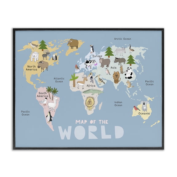 Kid's Map Of World Blue Black Framed Giclee Art, design by Carla Daly