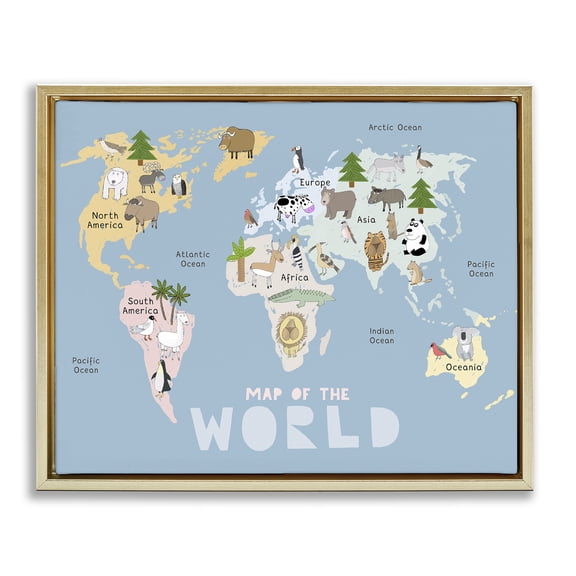 Kid's Map Of World Blue Gold Framed Floater Canvas Wall Art, design by Carla Daly