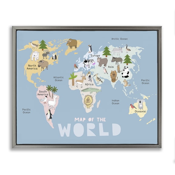 Kid's Map Of World Blue Gray Framed Floater Canvas Wall Art, design by Carla Daly
